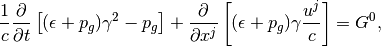 \frac{1}{c}\frac{\partial}{\partial t}
 \left[(\epsilon + p_g)\gamma^2 - p_g\right]
 + \frac{\partial}{\partial x^j}
 \left[(\epsilon + p_g)\gamma \frac{u^j}{c}\right]=
  G^0,