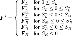 \mbox{\boldmath$F$}^\ast = \left\{
\begin{array}{ll}
\mbox{\boldmath$F$}_L & {\rm for} \ 0 \leq S_L \\
\mbox{\boldmath$F$}_L^\ast & {\rm for} \ S_L \leq 0 \leq S_L^\ast \\
\mbox{\boldmath$F$}_L^{\ast \ast} & {\rm for} \ S_L^\ast \leq 0 \leq S_M \\
\mbox{\boldmath$F$}_R^{\ast \ast} & {\rm for} \ S_M \leq 0 \leq S_R^\ast \\
\mbox{\boldmath$F$}_R^\ast & {\rm for} \ S_R^\ast \leq 0 \leq S_R \\
\mbox{\boldmath$F$}_R & {\rm for} \ S_R \leq 0 \\
\end{array}
\right.