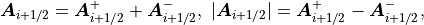 \mbox{\boldmath$A$}_{i+1/2} = \mbox{\boldmath$A$}_{i+1/2}^+ + \mbox{\boldmath$A$}_{i+1/2}^- , \
| \mbox{\boldmath$A$}_{i+1/2} | = \mbox{\boldmath$A$}_{i+1/2}^+ - \mbox{\boldmath$A$}_{i+1/2}^- ,