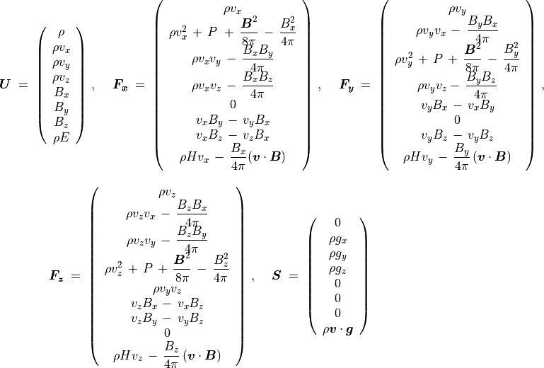 \begin{equation}
\mbox{\boldmath$U$} \; = \;
\left(
\begin{array}{c}
\rho \\ \rho v _x \\ \rho v _y \\ \rho v _z \\ B _x \\ B _y \\ B _z \\ \rho E
\end{array}
\right) \, , \hskip 0.5cm
\mbox{\boldmath$F _x $} \; = \;
\left(
\begin{array}{c}
\rho  v _x \\ \rho v _x ^2 \, + \, P \,  \displaystyle
\, + \, \frac{\mbox{\boldmath$B$}^2}{8\pi} \, - \, \frac{B _x ^2}{4\pi} \\
\rho v _x v _y \, \displaystyle - \,\frac{B _x B _y}{4\pi}
\\ \rho v _x v _z \, \displaystyle - \, \frac{B _x B _z}{4\pi} \\  0  \\
v _x B _y \, - \, v _y B _x  \\  v _x B _z \, - \, v _z B _x  \\ \rho H v _x  \, - \,
\displaystyle \frac{B _x}{4\pi}
(\mbox{\boldmath$v$}\cdot\mbox{\boldmath$B$})
\end{array}
\right)  \, , \hskip 0.5cm
\mbox{\boldmath$F _y $} \; = \;
\left(
\begin{array}{c}
\rho  v _y \\ \rho v _y v _x \, \displaystyle - \, \frac{B _y B _x}{4 \pi}
\\ \rho v _y ^2 \, + \, P \,\displaystyle
+ \, \frac{\mbox{\boldmath$B$}^2}{8\pi} \, - \, \frac{B _y ^2}{4\pi}
\\ \rho v _y v _z  \displaystyle - \, \frac{B _y B _z}{4 \pi}
\\  v _y B _x \, - \, v _x B _y \\
0 \\  v _y B _z \, - \, v _y B _z  \\ \rho H v _y  \, - \, \displaystyle
\frac{B_y}{4\pi} \,  (\mbox{\boldmath$v$}\cdot\mbox{\boldmath$B$})
\end{array}
\right) \, , \nonumber
\end{equation}
\begin{equation}
\mbox{\boldmath$F _z $} \; = \;
\left(
\begin{array}{c}
\rho  v _{z} \\ \rho v _{z} v _x \, \displaystyle
- \, \frac{B _z B _x}{4 \pi} \\
\rho v _z v _y \, - \, \displaystyle \frac{B _z B _y}{4\pi}
\\ \rho v _z ^2 \, + \, P \, + \, \displaystyle
\frac{\mbox{\boldmath$B$} ^2}{8\pi}
\, - \, \frac{B _z ^2}{4\pi}
\\ \rho v _y v _z \\  v _z B _x \, - \, v _x B _z \\
v _z B _y \, - \, v _y B _z  \\ 0 \\ \rho H v _z \, - \, \displaystyle \frac{B _z}{4\pi}  \,
(\mbox{\boldmath$v$}\cdot\mbox{\boldmath$B$})
\end{array}
\right) \, ,  \hskip 0.5cm
\mbox{\boldmath$S$}  \; = \;
\left( \begin{array}{c}
0 \\ \rho g _x \\ \rho g _y \\ \rho g _z \\ 0 \\ 0 \\ 0 \\ \rho \mbox{\boldmath$v$}
\cdot \mbox{\boldmath$g$}
\end{array} \right) \nonumber
\end{equation}