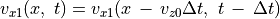 v _{x1} (x,~t) = v _{x1} (x \, - \, v _{z0} \Delta t,~t \, - \, \Delta t) \\