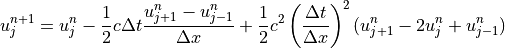 u_j^{n+1} = u_j^n - \displaystyle{1 \over 2}c\Delta t
\displaystyle{{u_{j+1}^n-u_{j-1}^n} \over {\Delta x}}
+ \displaystyle{1 \over 2}c^2 \left(\displaystyle{{\Delta t} \over
{\Delta x}} \right )^2 (u_{j+1}^n-2u_j^n+u_{j-1}^n)
