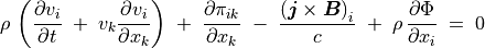 \rho \, \left( \frac{\partial v _i}{\partial t} \; + \;  v _k \frac{\partial v _i}{\partial x _k} \right)
\; + \; \frac{\partial \pi _{ik}}{\partial x _k} \; - \; \frac{\left( \mbox{\boldmath$j$}
\times \mbox{\boldmath$B$} \right) _i}{c} \; + \; \rho \, \frac{\partial \Phi}{\partial x _i} \; = \; 0