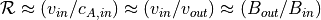 \mathcal{R} \approx (v_{in}/c_{A,in}) \approx (v_{in}/v_{out}) \approx (B_{out}/B_{in})