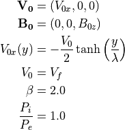{\bf V_0} &= (V_{0x},0,0) \\
{\bf B_0} &= (0,0,B_{0z}) \\
V_{0x}(y) &= -\frac{V_0}{2}\tanh\left(\frac{y}{\lambda}\right) \\
V_0 &= V_f \\
\beta &= 2.0  \\
\frac{P_i}{P_e} &= 1.0