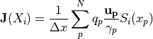 {{\bf J}(X_i)} = \frac{1}{\Delta x}\sum_p^N q_p \frac{\bf u_p}{\gamma_p} S_i(x_p)